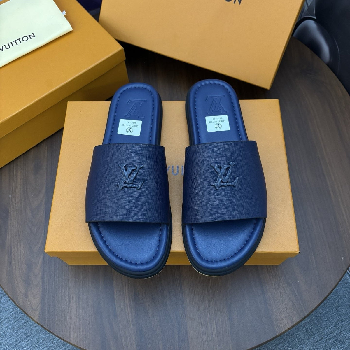 Louis Vuitton Logo Strap Slide Sandals — front