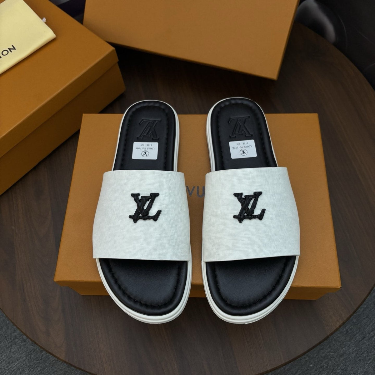 Louis Vuitton Logo Strap Slide Sandals — front