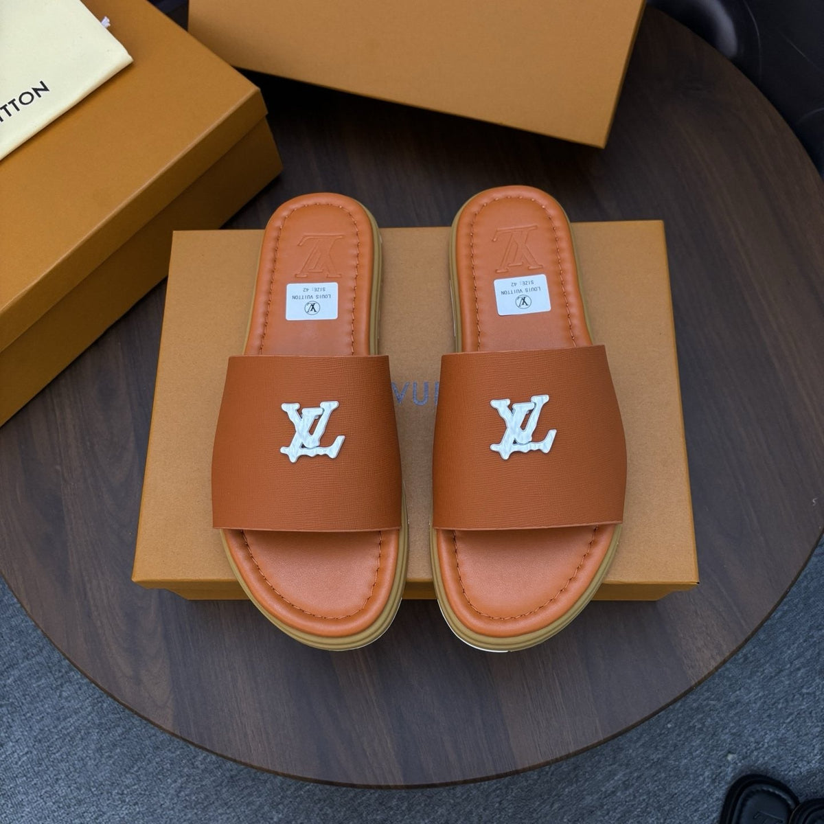 Louis Vuitton Logo Strap Slide Sandals — front