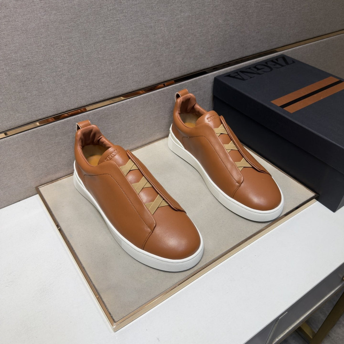 ZEGNA Brown Leather Slip-On Sneakers — front