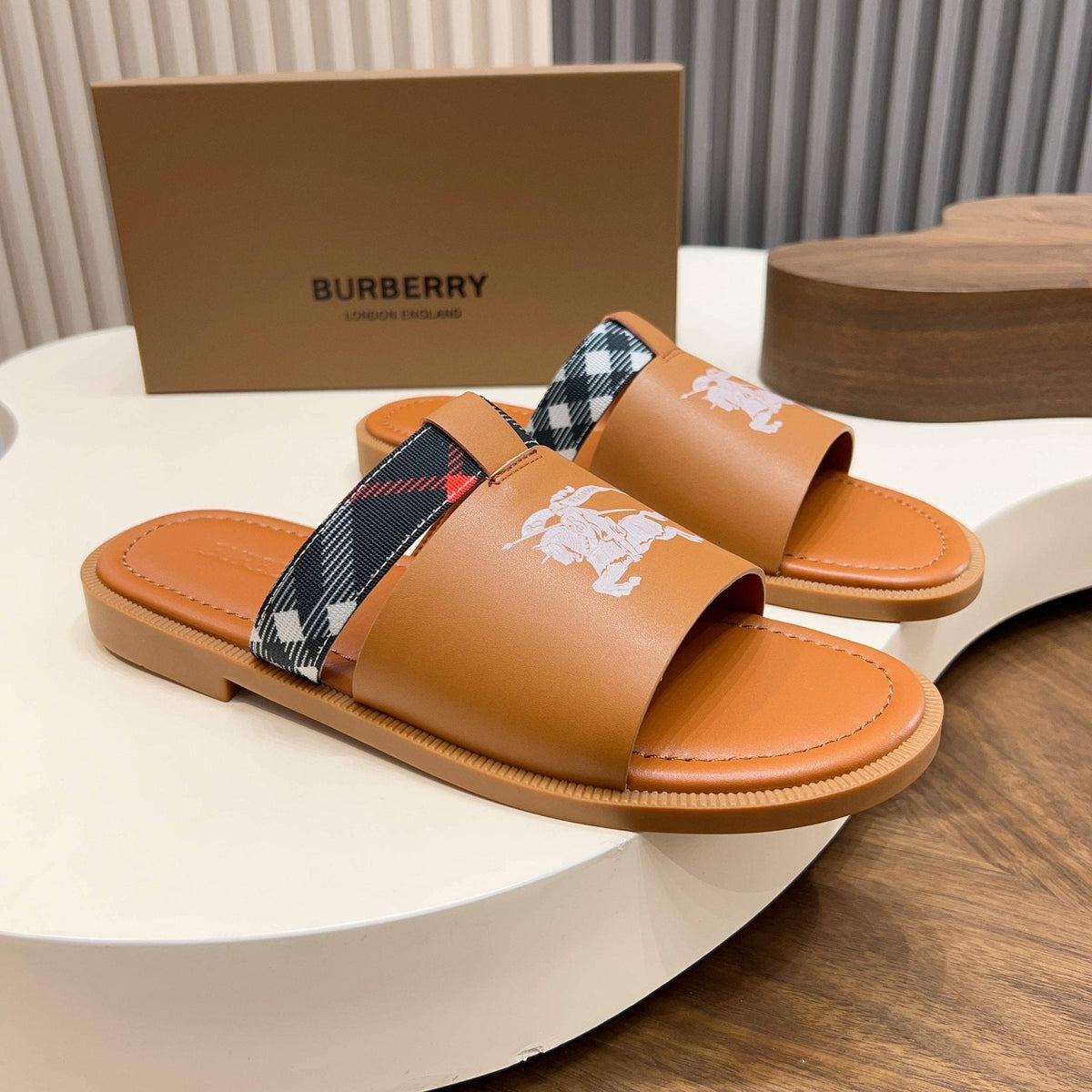 Burberry Checked Accent Slide Sandals — front