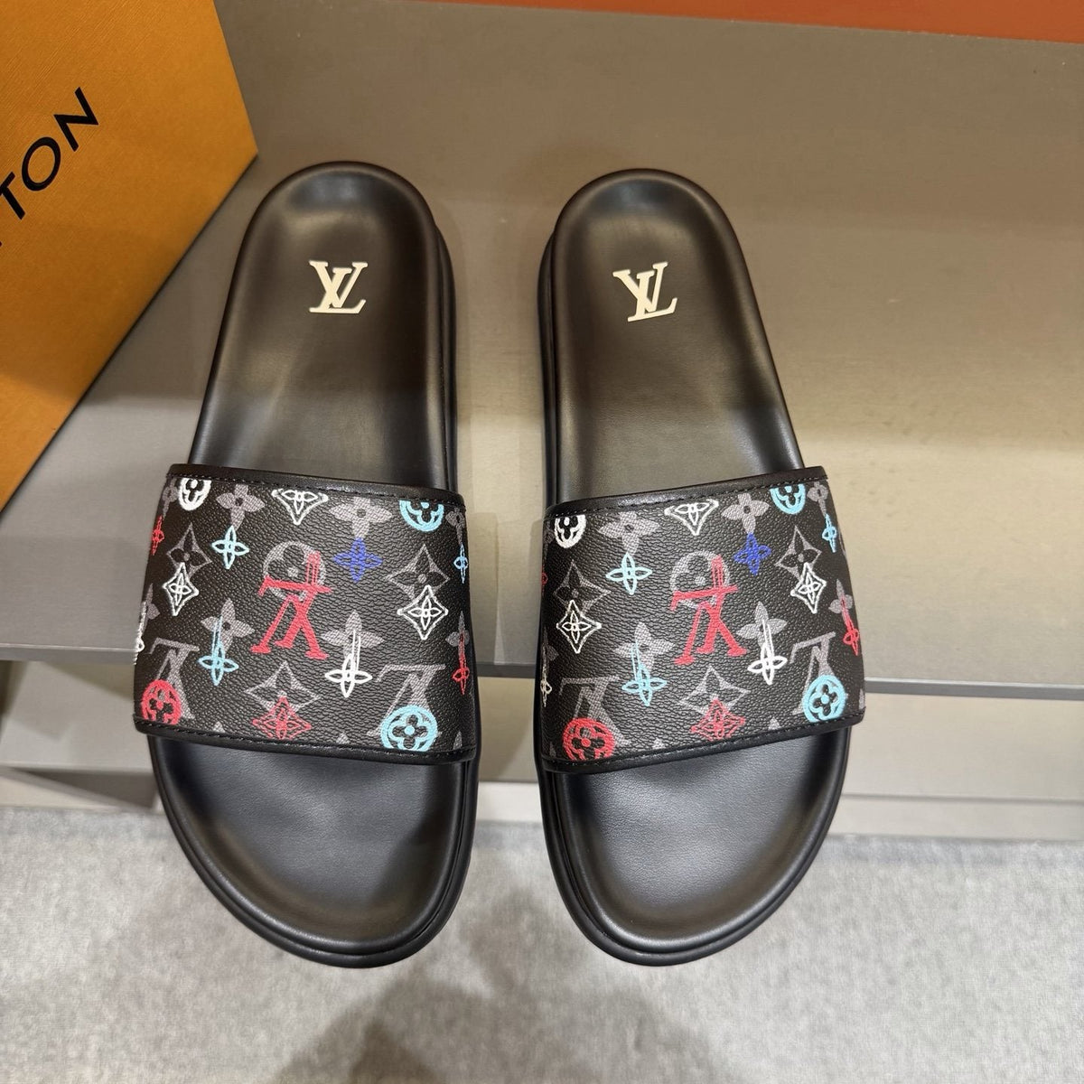 Louis Vuitton Multicolor Logo Slide Sandals — front
