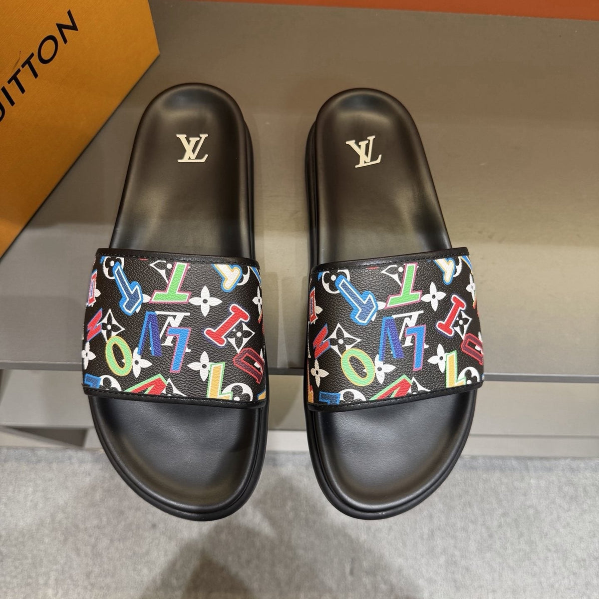 Louis Vuitton Multicolor Logo Slide Sandals — front