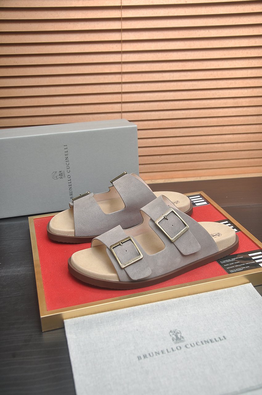 Brunello Cucinelli Tan Double-Buckle Slide Sandals — front