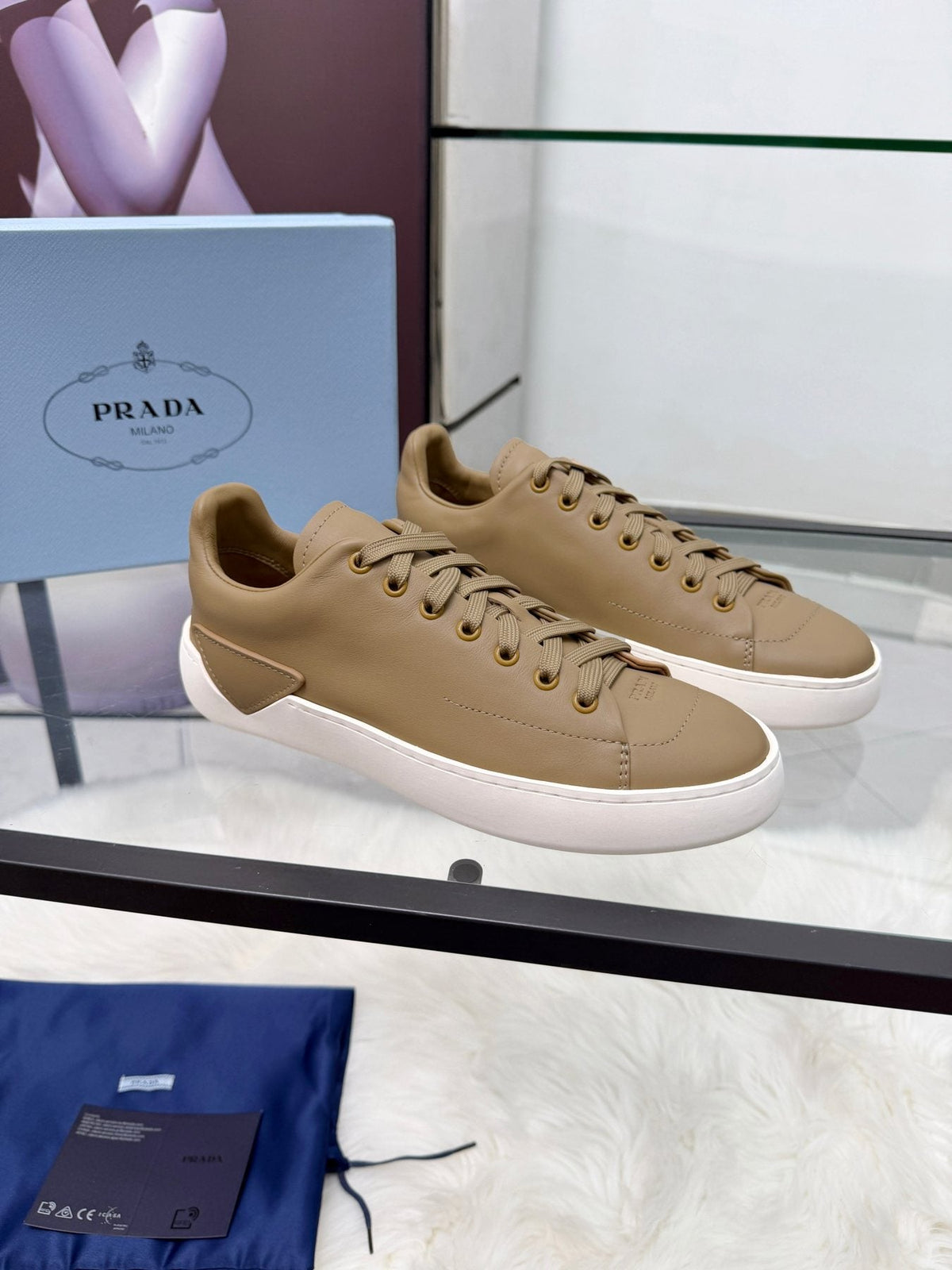 PRADA Tonal Tan Low-Top Sneakers — front
