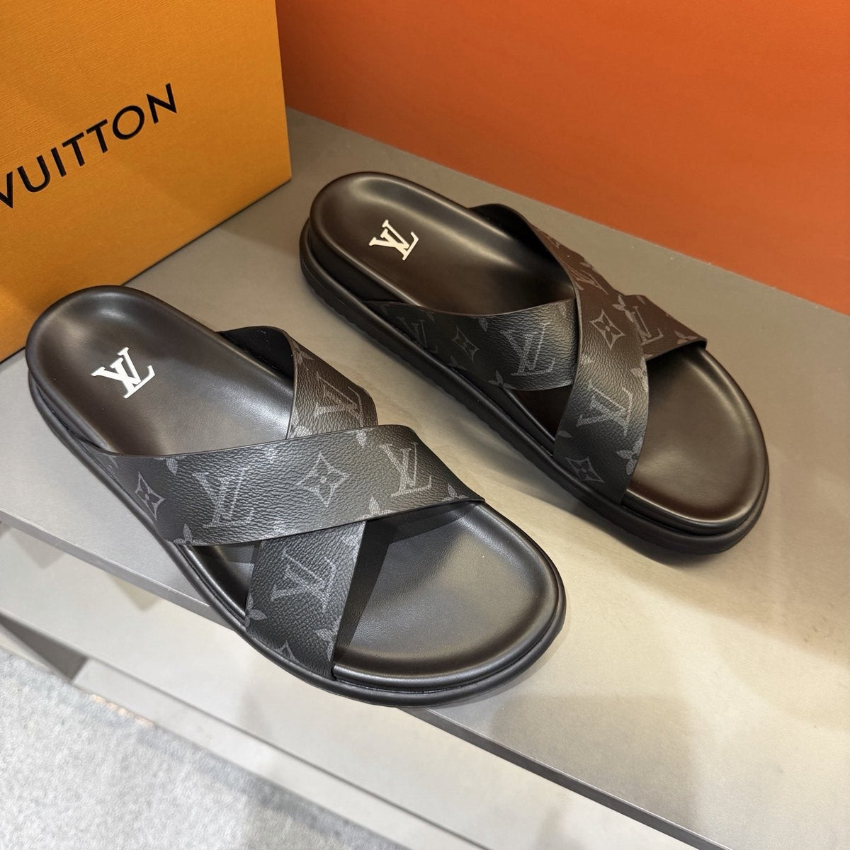Louis Vuitton Light Gray Crossover Slide Sandals — front