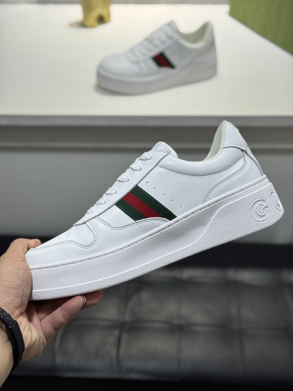 Gucci White Green-Red Stripe Sneakers — side