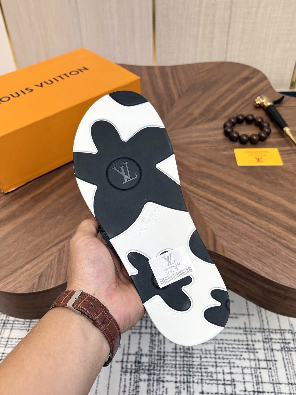 Louis Vuitton Embossed Navy Blue Slide Sandals — front