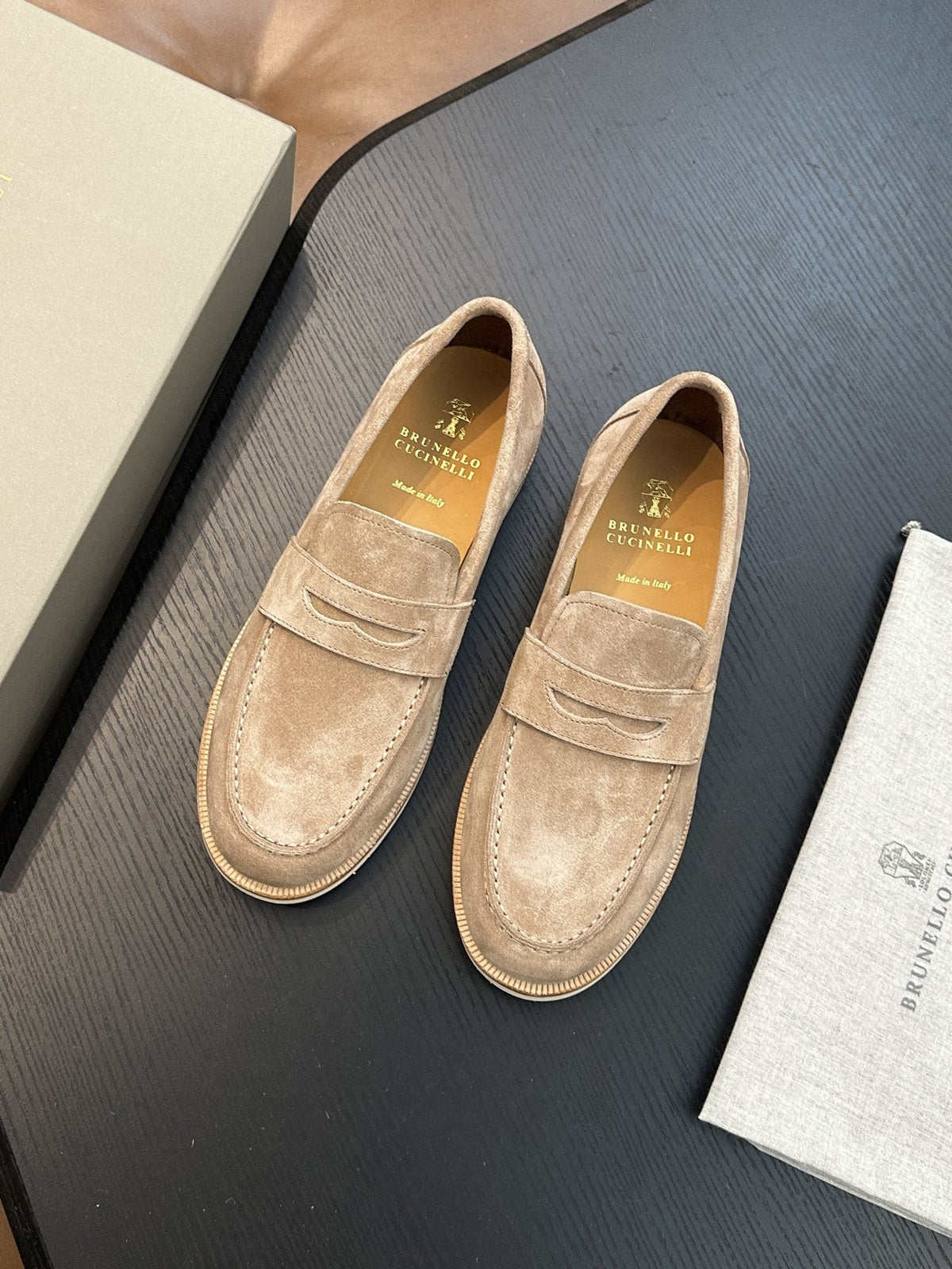 Brunello Cucinelli Suede Penny Loafers — front