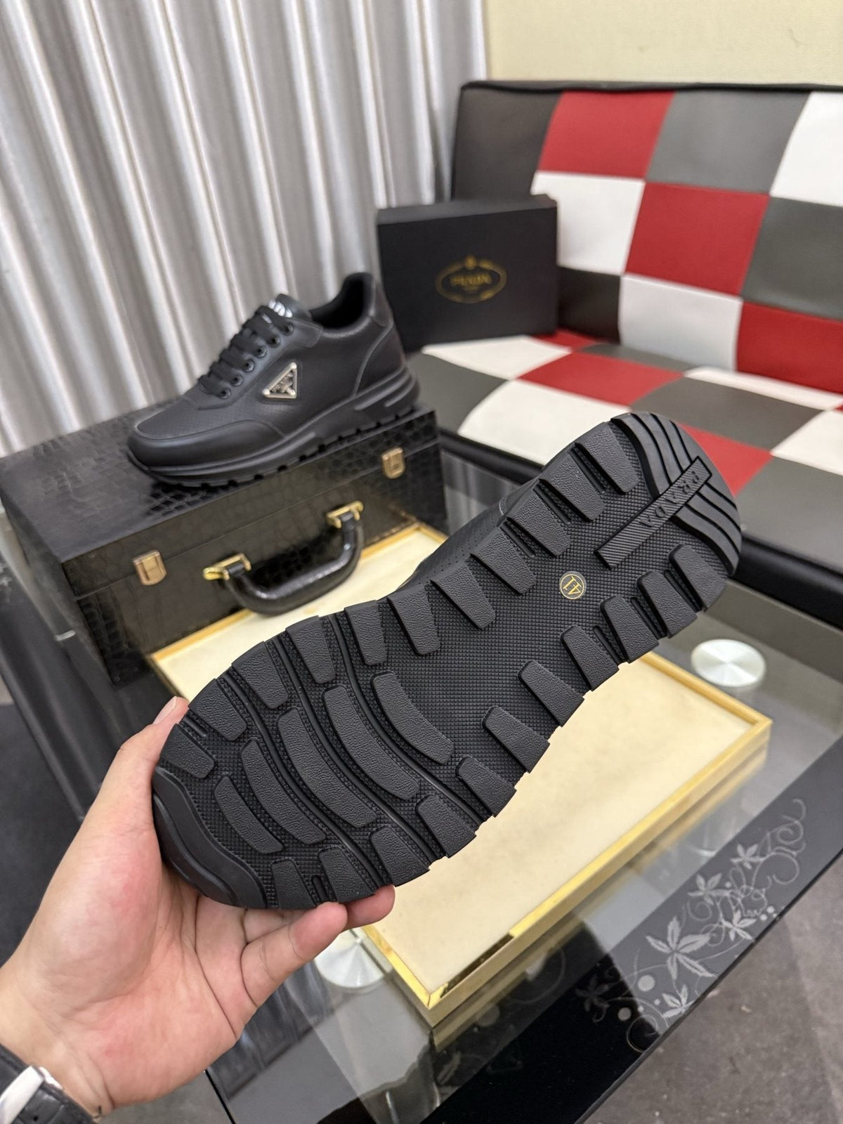 Prada Triangle Plaque Lace-Up Sneakers — side