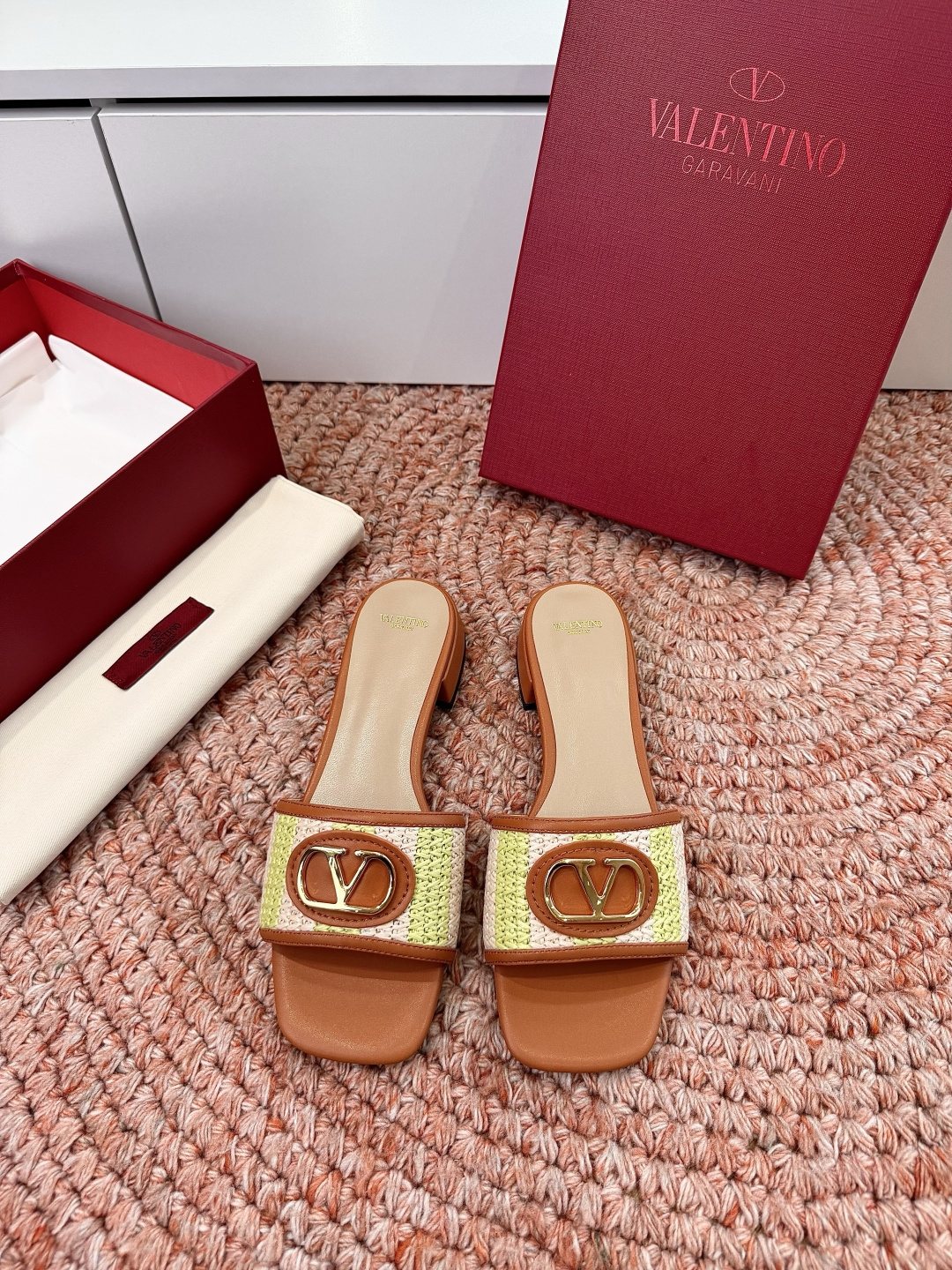 Valentino Brown Woven Strap Slide Sandals — front