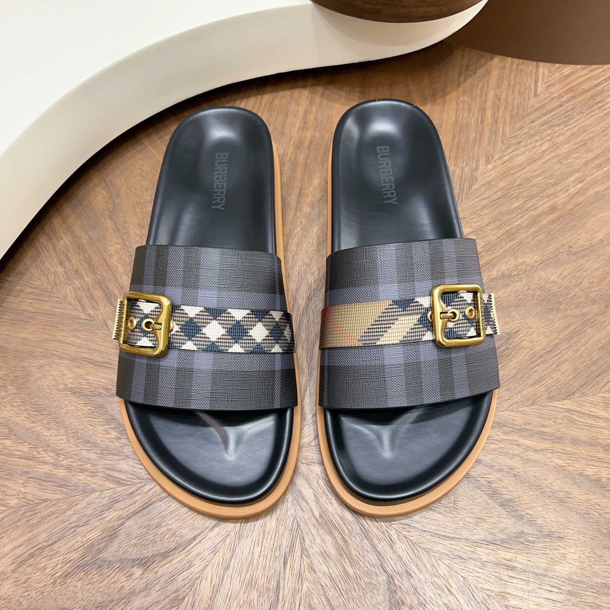 Plaid Buckle Slide Sandals — front
