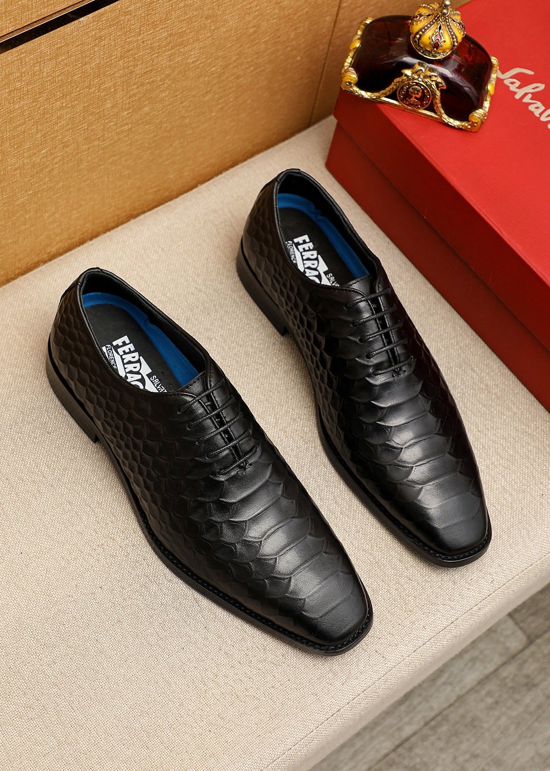 Ferragamo Embossed Lace-Up Dress Shoes — front