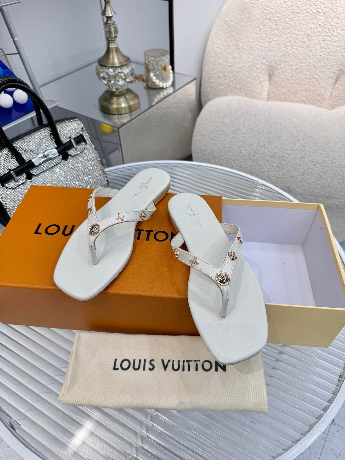 Louis Vuitton Metal-Detail Thong Sandals — front