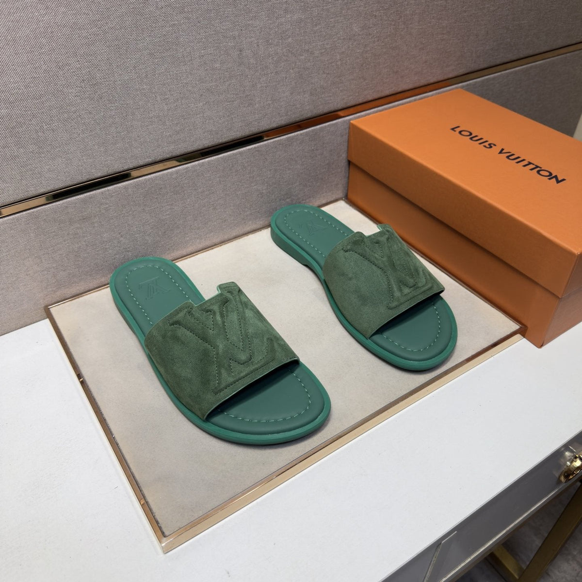 Louis Vuitton Embossed Strap Slide Sandals — front
