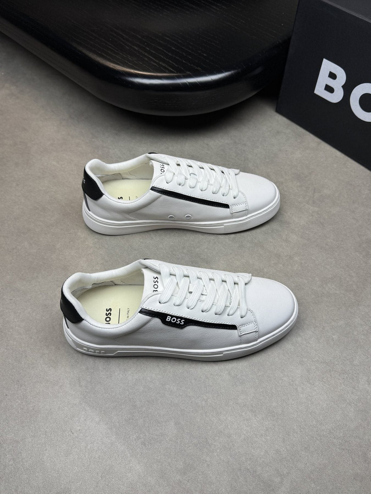 BOSS White Green Low-Top Sneakers — front