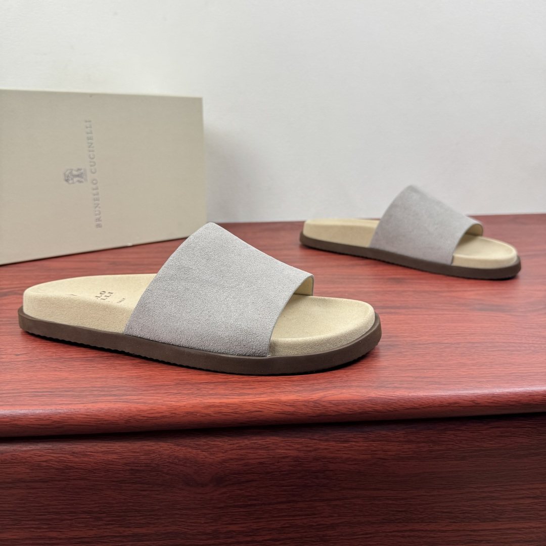 Brunello Cucinelli Suede Slide Sandals — front