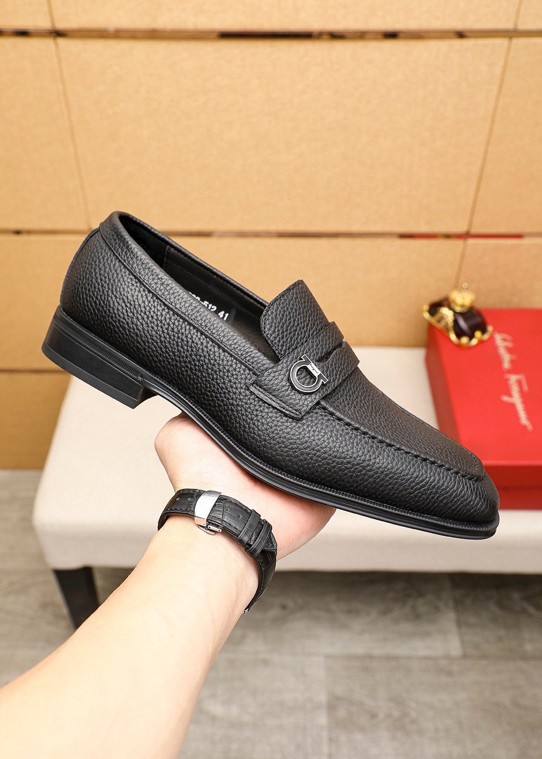 Ferragamo Textured Metal-Accent Loafers — side