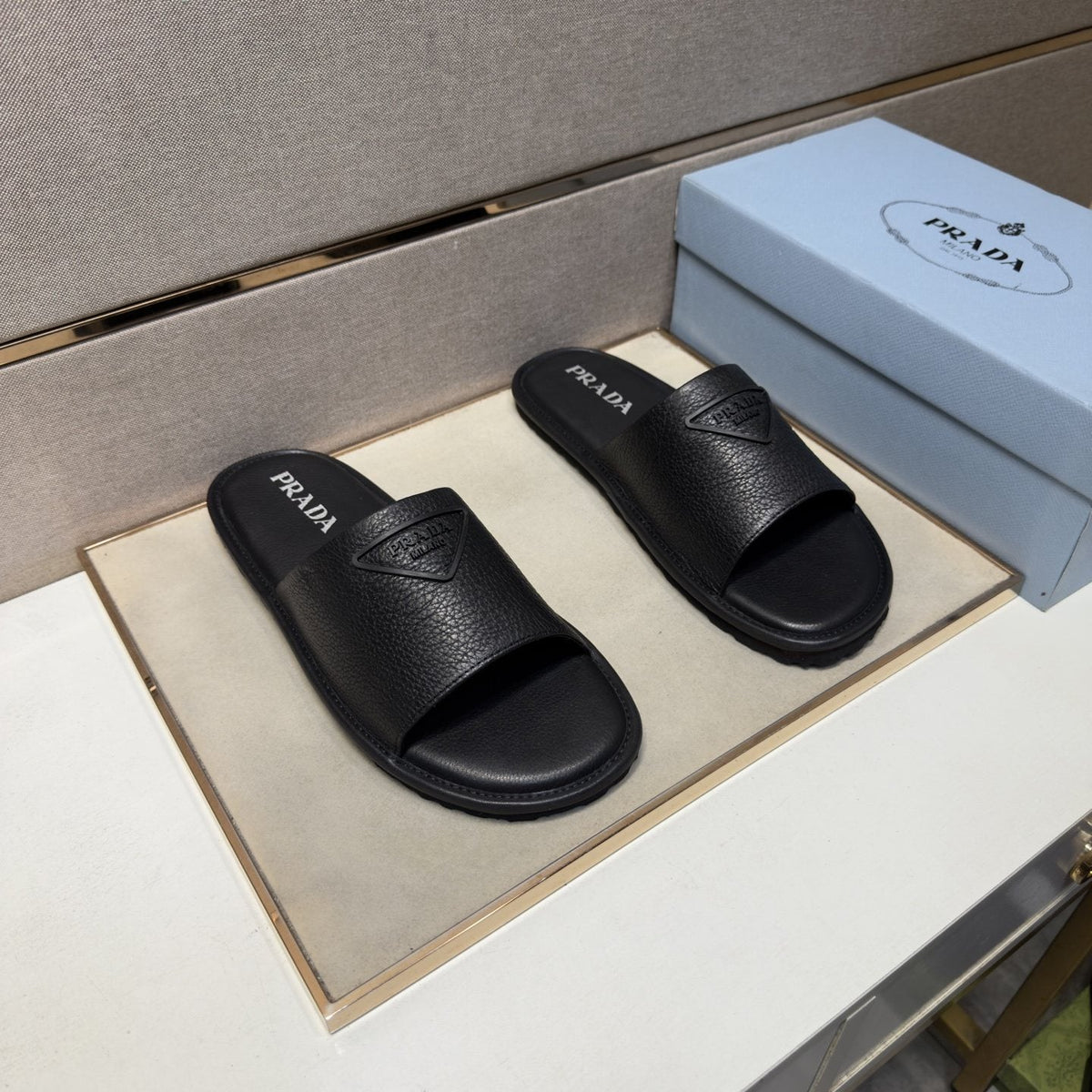 Prada Triangle Detail Slide Sandals — front