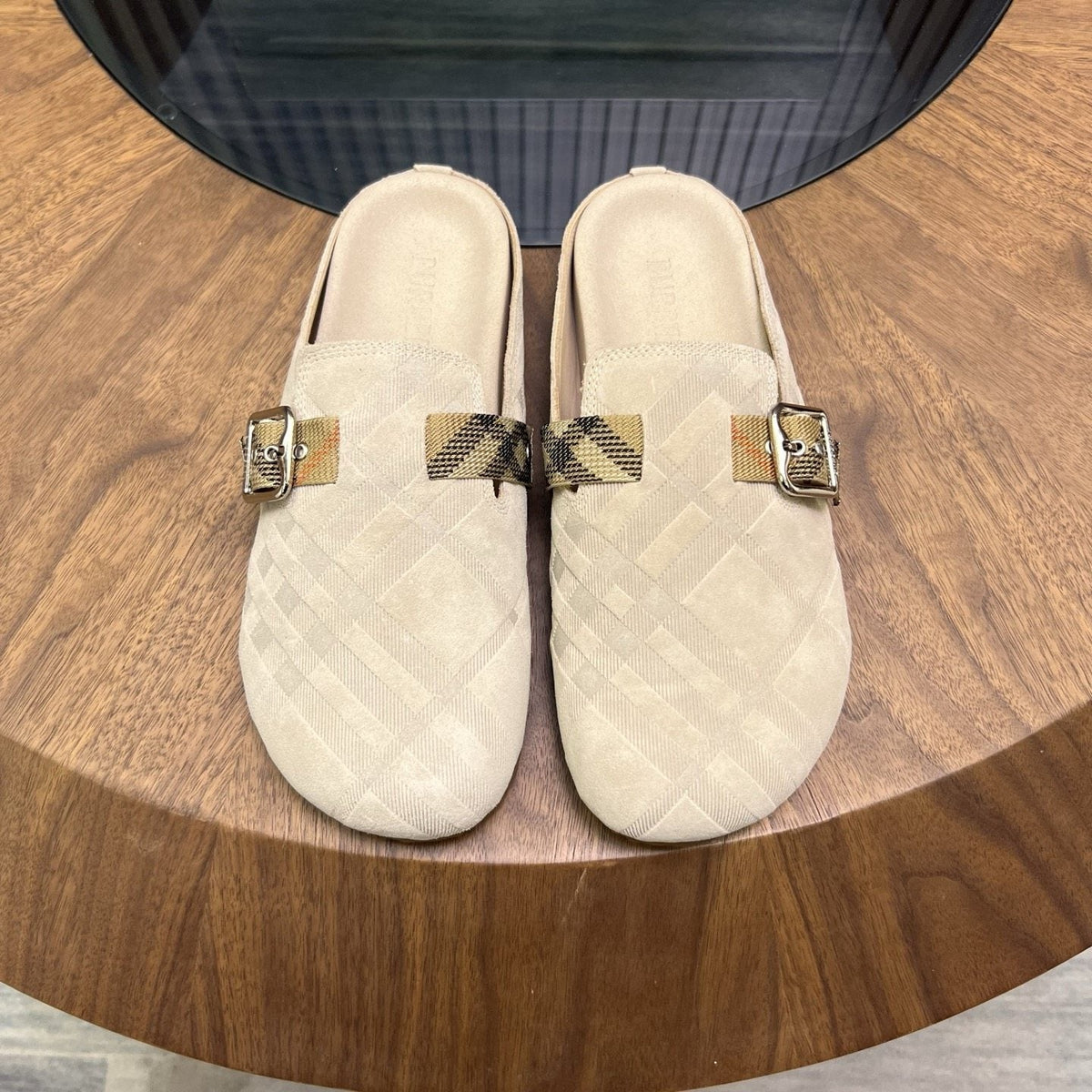 Burberry Brown Plaid Buckle Mule Slippers — front