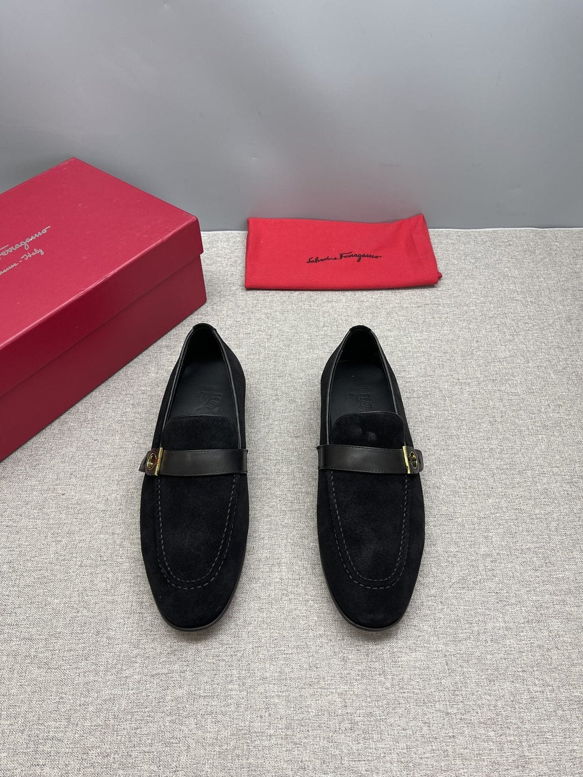 Ferragamo Navy Buckle Loafers — front