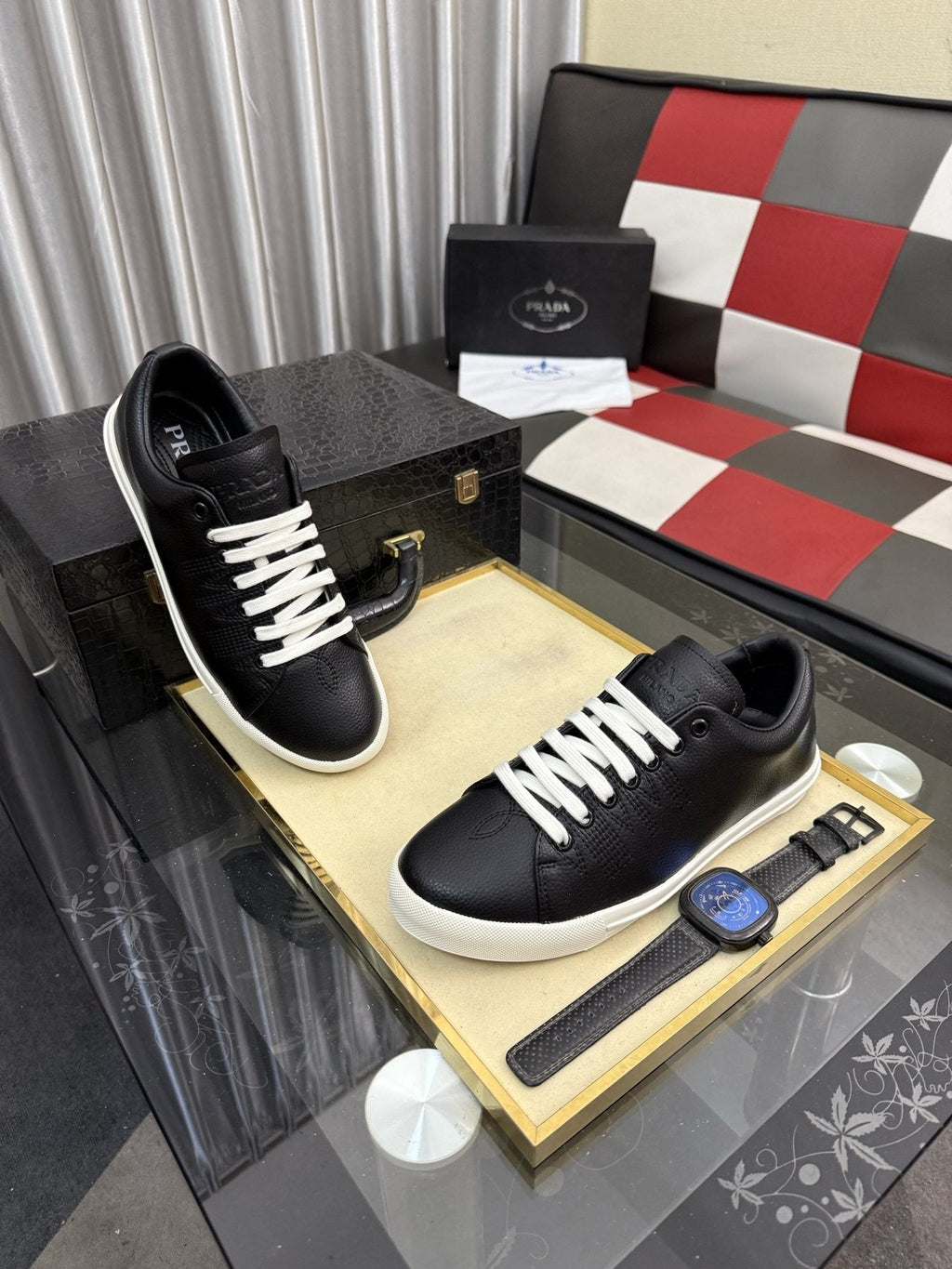 Prada Men's Textured Leather Low-Top Sneakers — front
