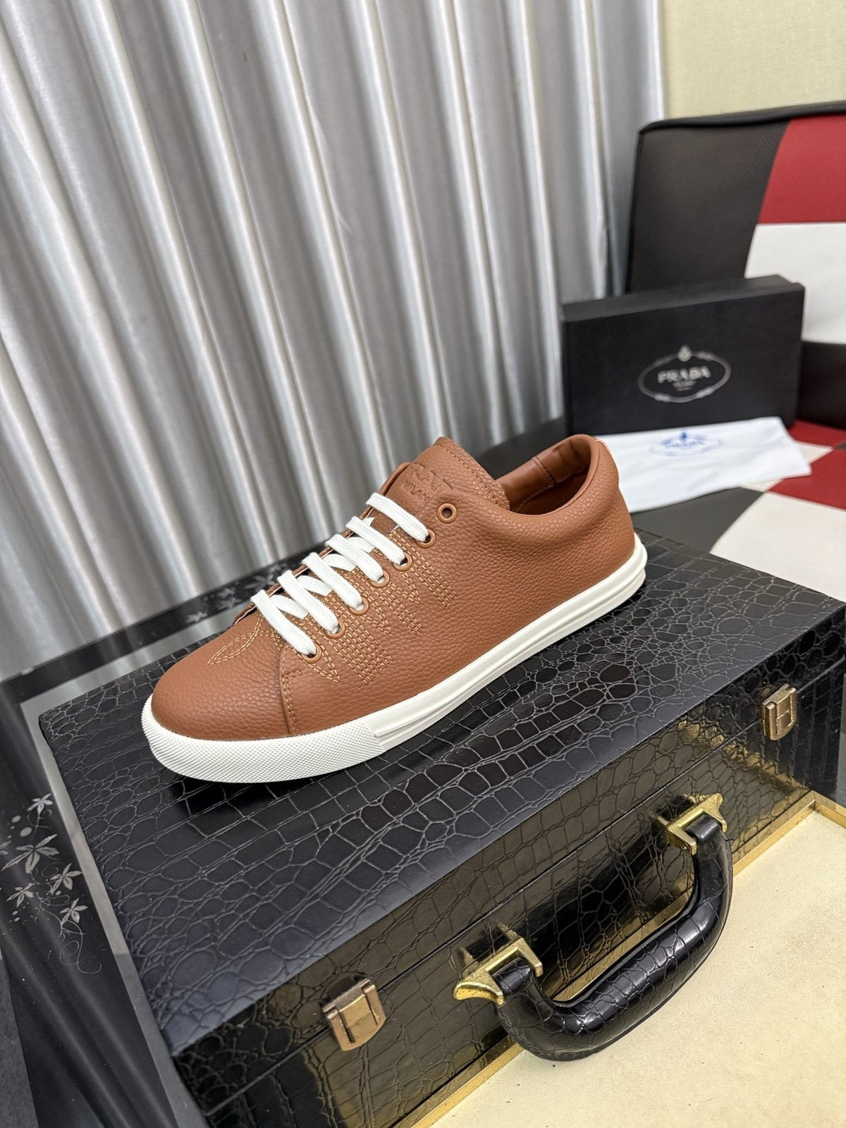 Prada Men's Textured Leather Low-Top Sneakers — front