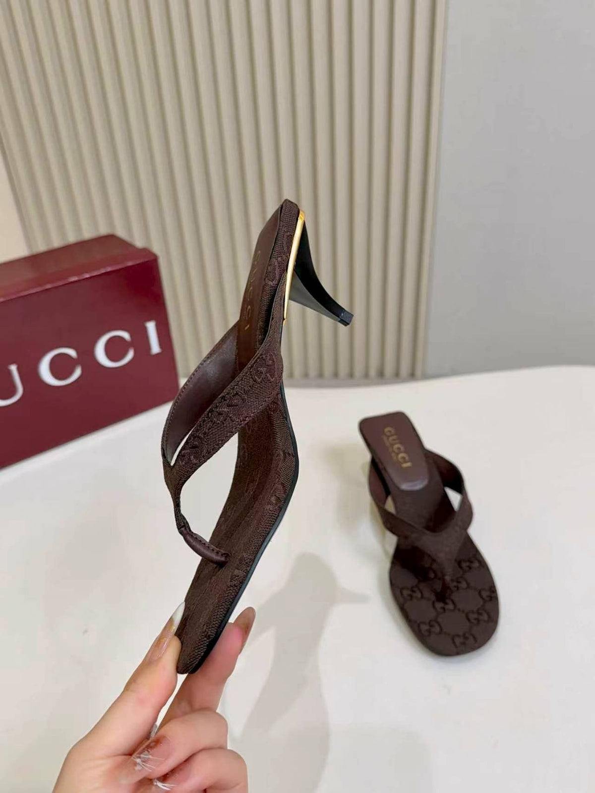 Gucci Monogram Thong Slingback Heeled Sandals — side